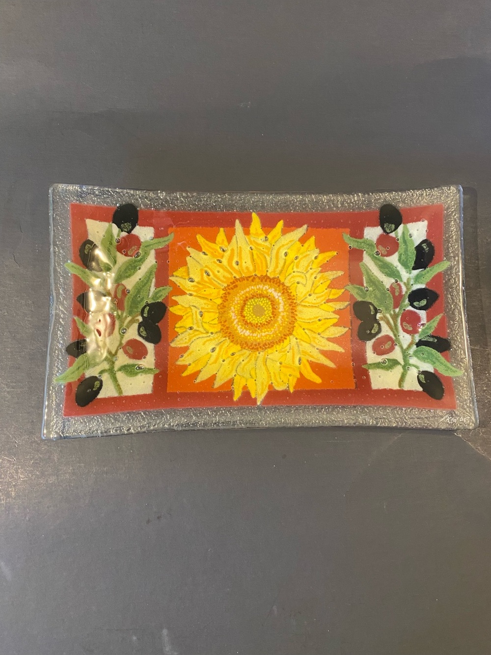 Peggy Karr Fused Glass Tray Sunflower Black Olive Tuscan Platter Signed PKG 05